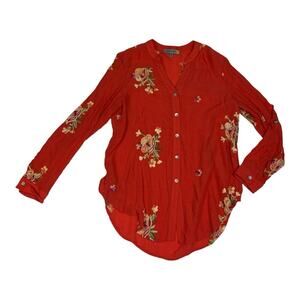Figueroa & Flower women's medium red tunic embroidered floral shirt long johnny